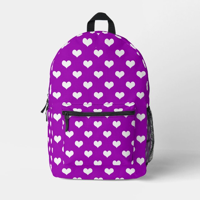 Purple White Lovely Hearts Design  Printed Backpack (Front)