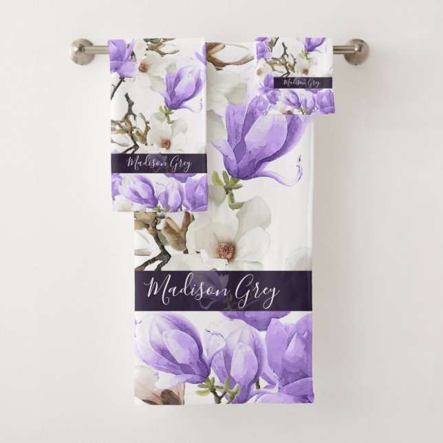 Purple & White Magnolia Blossom Watercolor Pattern Bath Towel Set (Insitu)