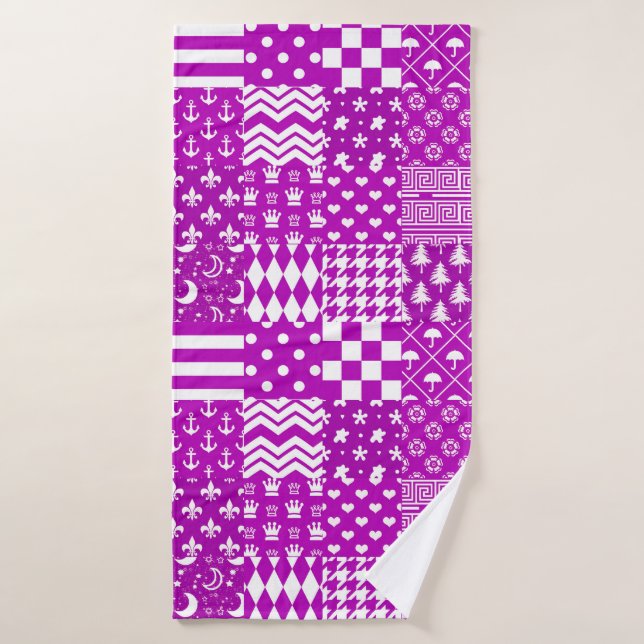 Purple White Mixed Patterns Patchwork Design  Bath Towel (Bath Towel)
