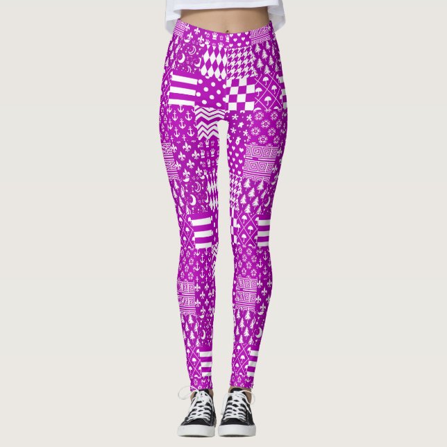 Purple White Mixed Patterns Patchwork Design  Leggings (Front)