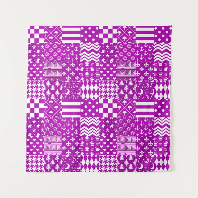 Purple White Mixed Patterns Patchwork Design  Tapestry (Front)