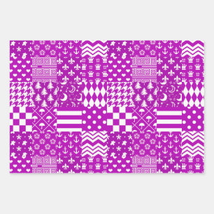 Purple White Mixed Patterns Patchwork Design Wrapping Paper Sheet