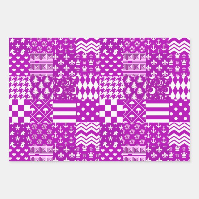 Purple White Mixed Patterns Patchwork Design  Wrapping Paper Sheet (Front)