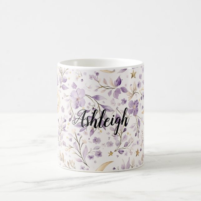 Purple White Moons & Stars Floral Coffee Mug (Center)