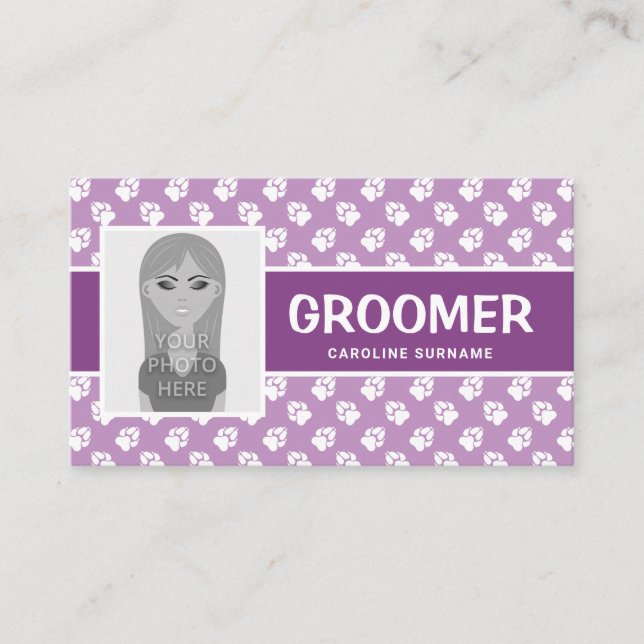 Purple & White Paws With Your Photo - Dog Groomer Business Card (Front)