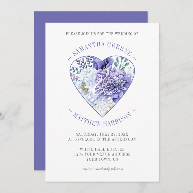 Purple White Peonies Heart Typography Wedding Invitation (Front/Back)