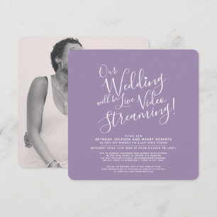 Purple white photo live streaming wedding invitation
