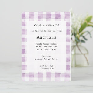 Purple White Plaid Stripes Birthday Invitation