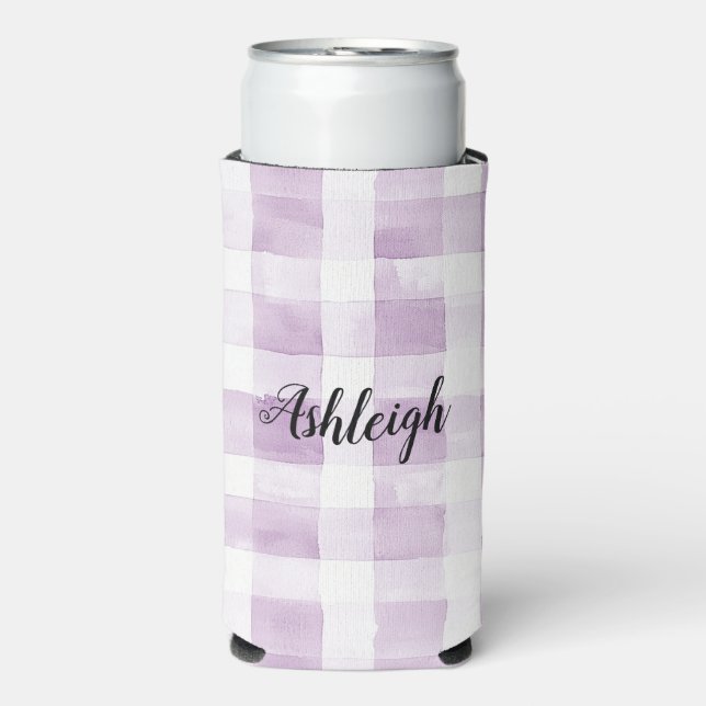 Purple White Plaid Stripes Birthday Seltzer Can Cooler (Seltzer Front)