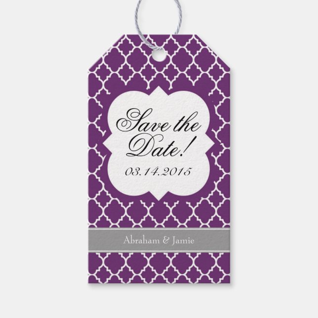 Purple White Quatrefoil Save The Date Tag (Front)
