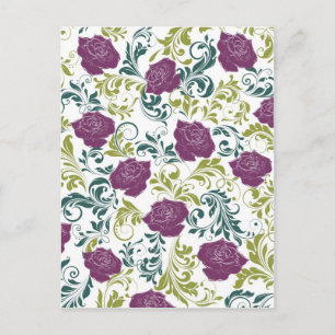 Purple & White Retro Style Roses Pattern Monogram Postcard