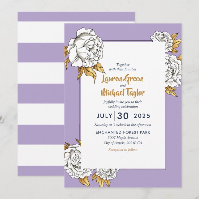 Purple White Rose Carnation Spring Floral Wedding Invitation (Front/Back)