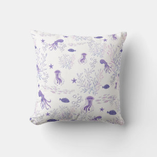 Purple White Sealife Fish Octopus Jellyfish Throw Pillow