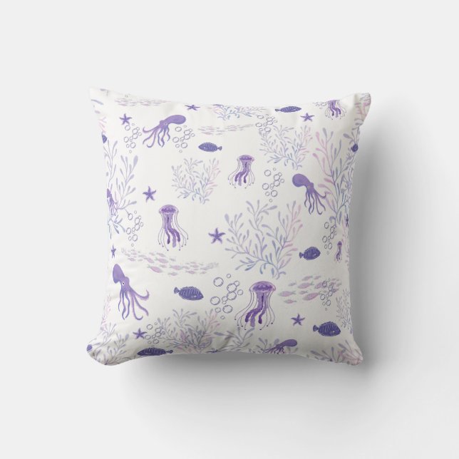 Purple White Sealife Fish Octopus Jellyfish  Throw Pillow (Front)