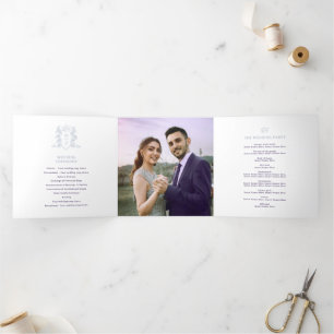 Purple white silver photo crown monogram wedding Tri-Fold programme