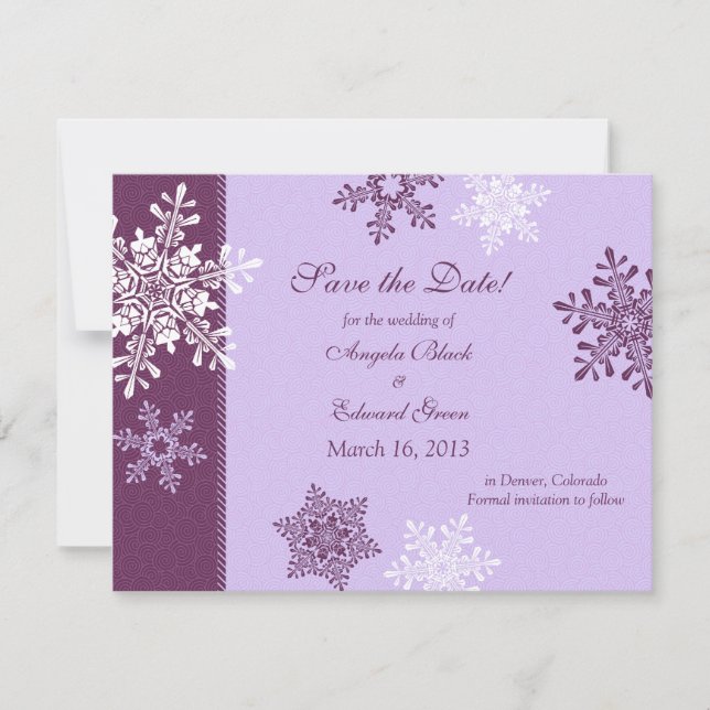 Purple White Snowflake Winter Save the Date (Front)