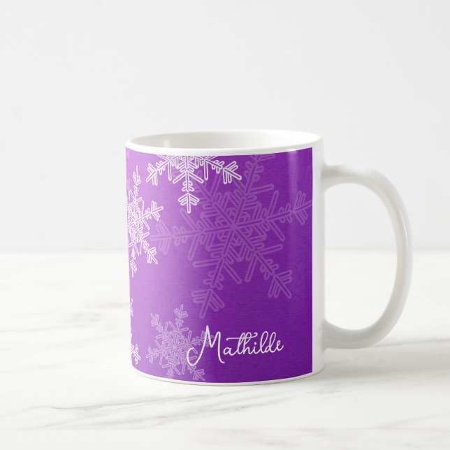 Purple White Snowflakes Minimalist Christmas Name Coffee Mug (Right)