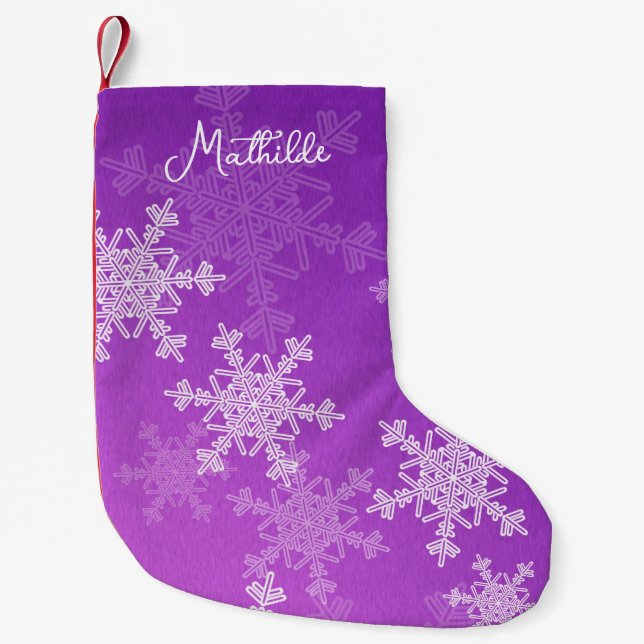 Purple White Snowflakes Minimalist Christmas Name Small Christmas Stocking (Front)