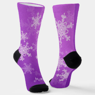 Purple White Snowflakes Minimalist Christmas Name Socks