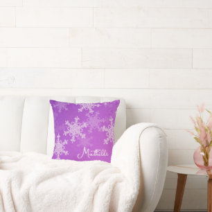 Purple White Snowflakes Minimalist Christmas Name Throw Pillow