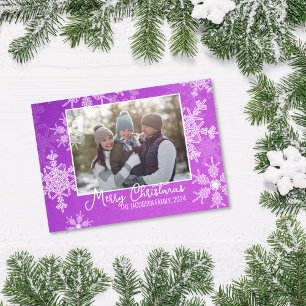 Purple White Snowflakes Minimalist Christmas Photo Holiday Card