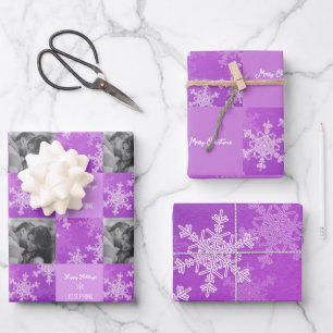 Purple White Snowlfake Minimalist Photo Christmas  Wrapping Paper Sheet