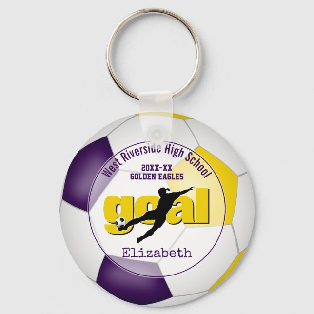 purple white soccer ball goal girls' team spirit keychain (Front)