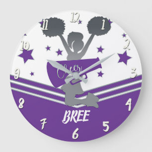 Purple & White Stars Cheer Cheer-leading Girls Large Clock