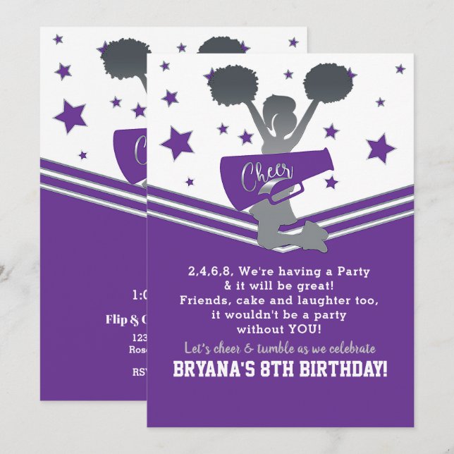 Purple & White Stars Cheer Cheer-leading Party Invitation (Front/Back)