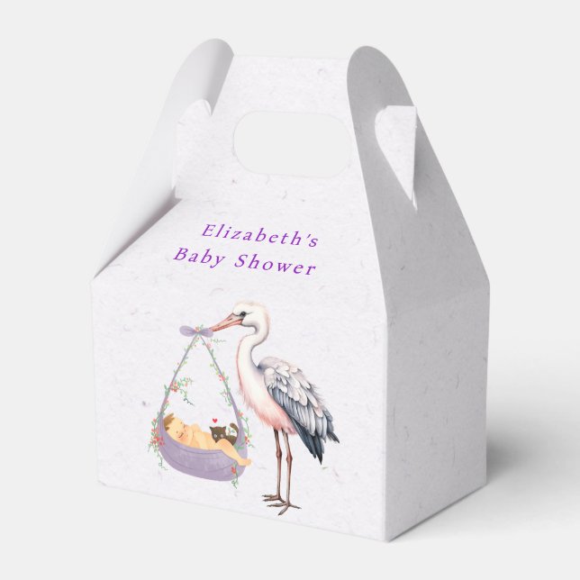Purple White Stork Baby Shower  Favor Box (Front Side)
