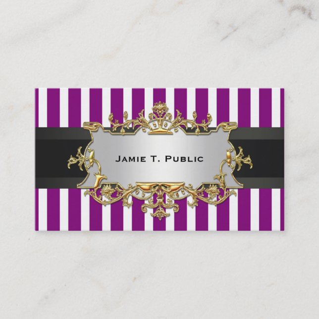 Purple White Stripe, Black Ribbon, Gold Label Business Card (Front)