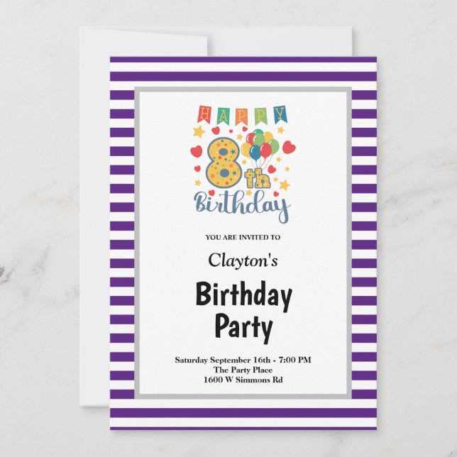 Purple/White Stripes Framed 8th Birthday Party Invitation (Front)