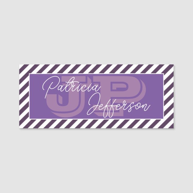 Purple & White Stripes: Unique Modern Monogrammed Name Tag (Front)