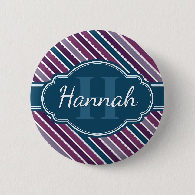 Purple White Teal Bold Stripe Pattern Monogram 2 Inch Round Button (Front)