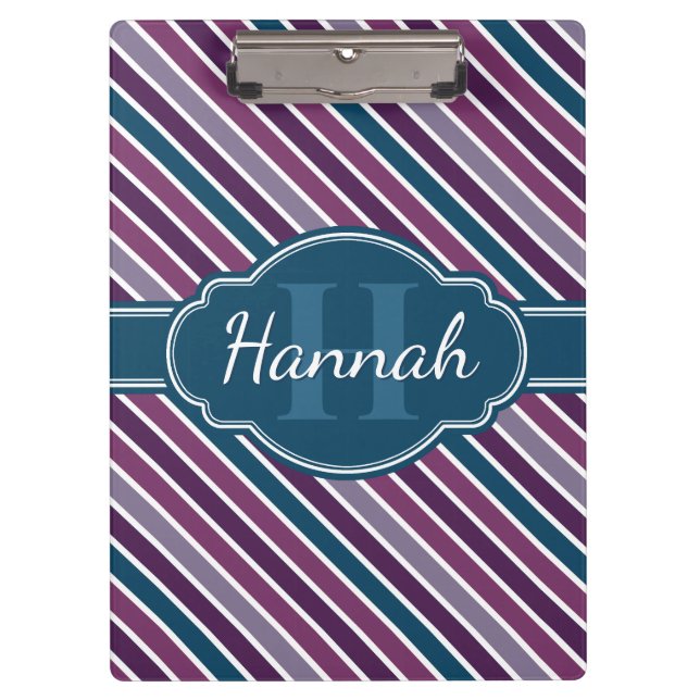 Purple White Teal Bold Stripe Pattern Monogram Clipboard (Front)
