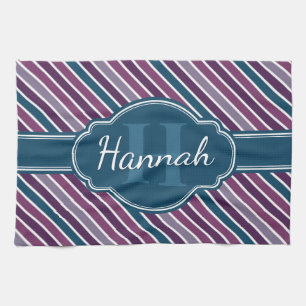 Purple White Teal Bold Stripe Pattern Monogram Kitchen Towel