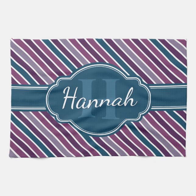 Purple White Teal Bold Stripe Pattern Monogram Kitchen Towel (Horizontal)
