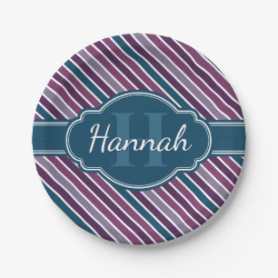 Purple White Teal Bold Stripe Pattern Monogram Paper Plate