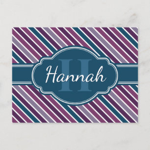 Purple White Teal Bold Stripe Pattern Monogram Postcard