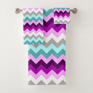 Purple White Teal Chevrons Bath Towel Set