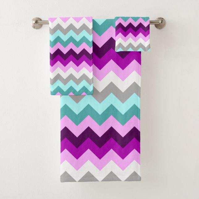 Purple White Teal Chevrons Bath Towel Set (Insitu)