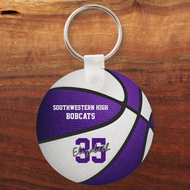 purple white team colours girls boys basketball keychain (Front)