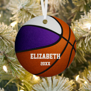 purple white team colours girls boys basketball metal ornament