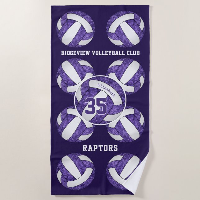 purple white team colours girly volleyballs patter beach towel (Front)