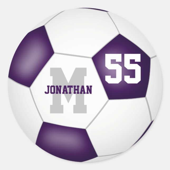 purple white team colours soccer ball personalized classic round sticker (Front)