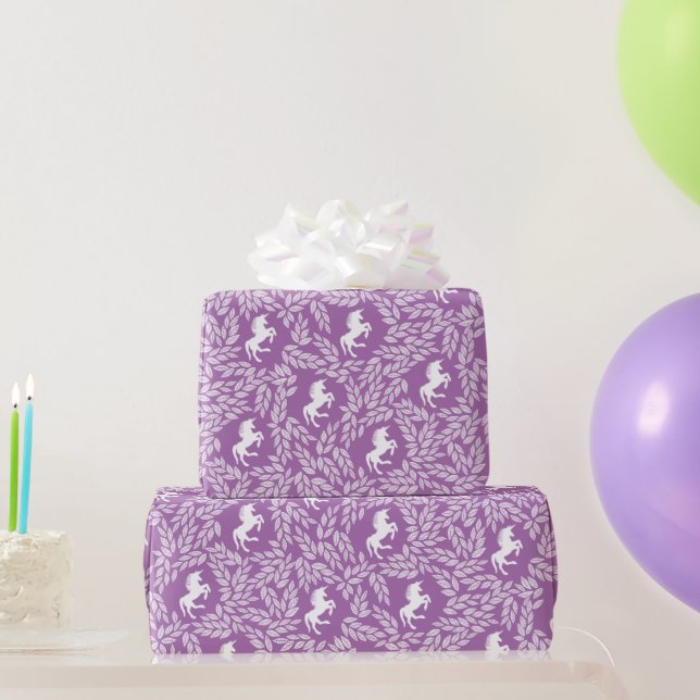Purple & White Unicorn Floral Leaf Pattern Wrapping Paper (Party Gifts)