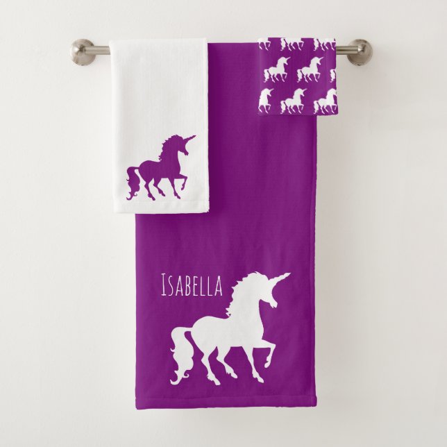 Purple White Unicorn Silhouette Personalized Kid Bath Towel Set (Insitu)