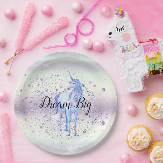 Purple White Unicorn Sparkle Glitter Dream  Paper Plate (Party)