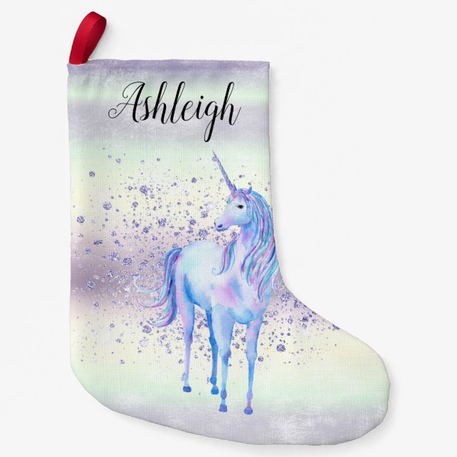 Purple White Unicorn Sparkle Glitter Name  Small Christmas Stocking (Front)