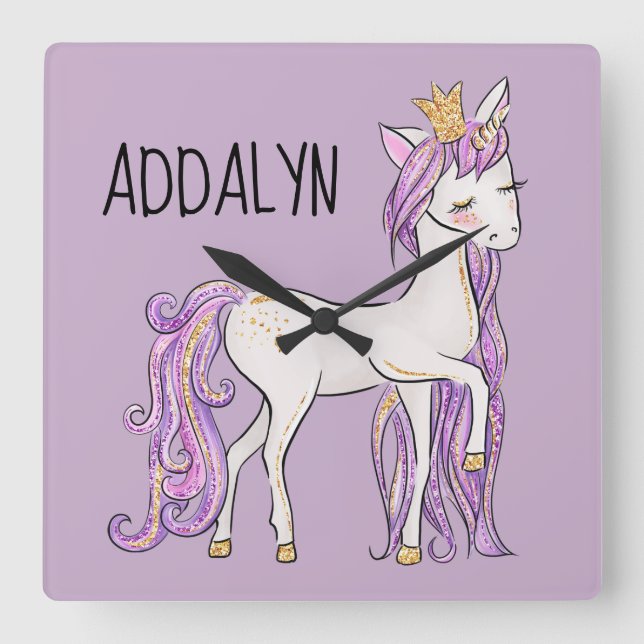 Purple White Unicorn Tiara Square Wall Clock (Front)